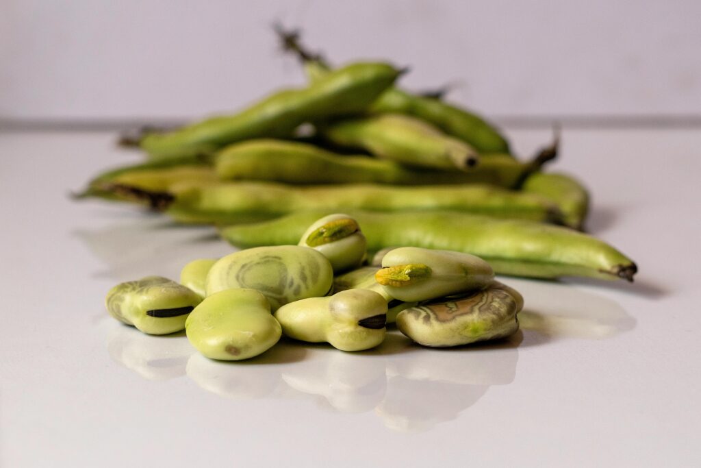 A close-up shot of fresh broad beans on a reflective surface, highlighting their natural texture and color.